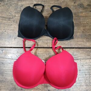 TWO Victorias Secret Bra 36DDD T-Shirt Push Up Full Coverage Underwire Black Red
